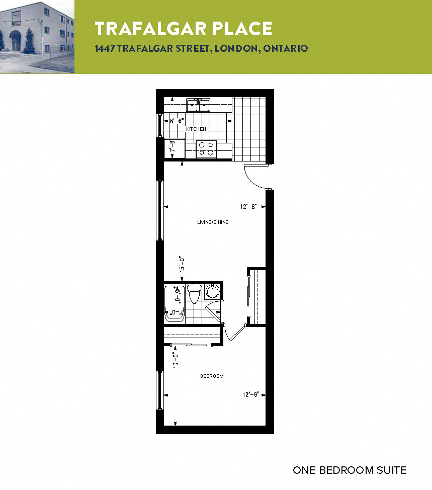 Floor plan for 1 bed, 1 bath, 415 sqft